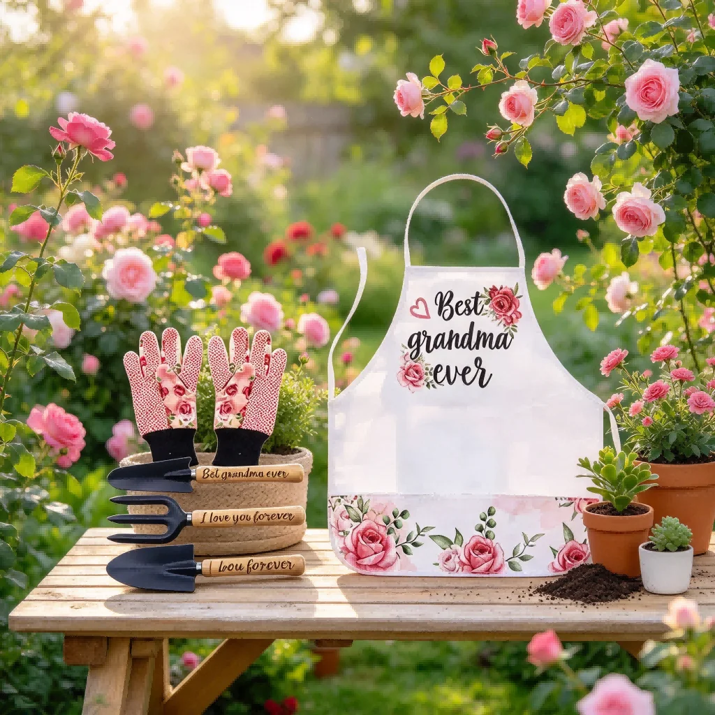Women's 5-Piece Garden Tool Set with Floral Apron Trowel Hand Fork Rake and Two Shovels for Outdoor For Planting and Soil Work