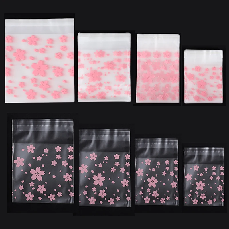 50pcs Cherry Blossom Plastic Packing Bags Flower Self-Adhesive Bag OPP Pouches For Jewelry Gift Biscuits Candy Cookies Packaging