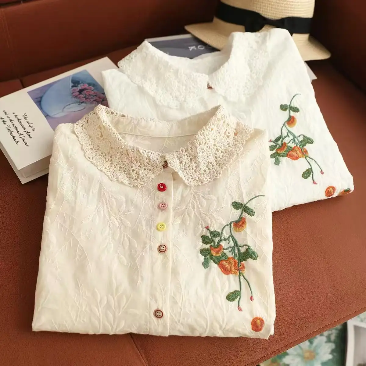 Mori Girl Pure Cotton White Beige Embroidered Shirt Vintage Hollow Lace Collar Long Sleeve Button Up Blouse for Women