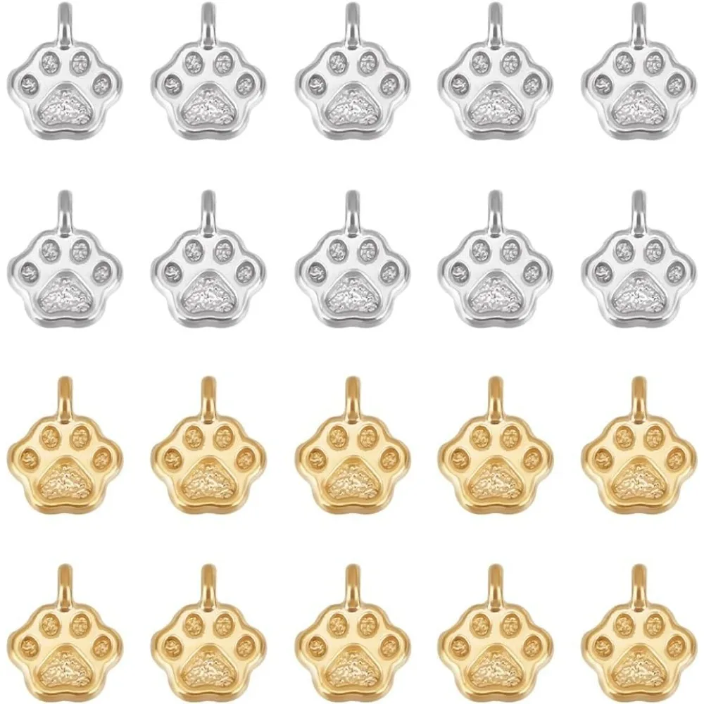 

20Pcs 2 Colors 304 Stainless Steel Charms Animal Cat Dog Paw Chunk Charms Paw Print Charm Animal Footprint Jewelry