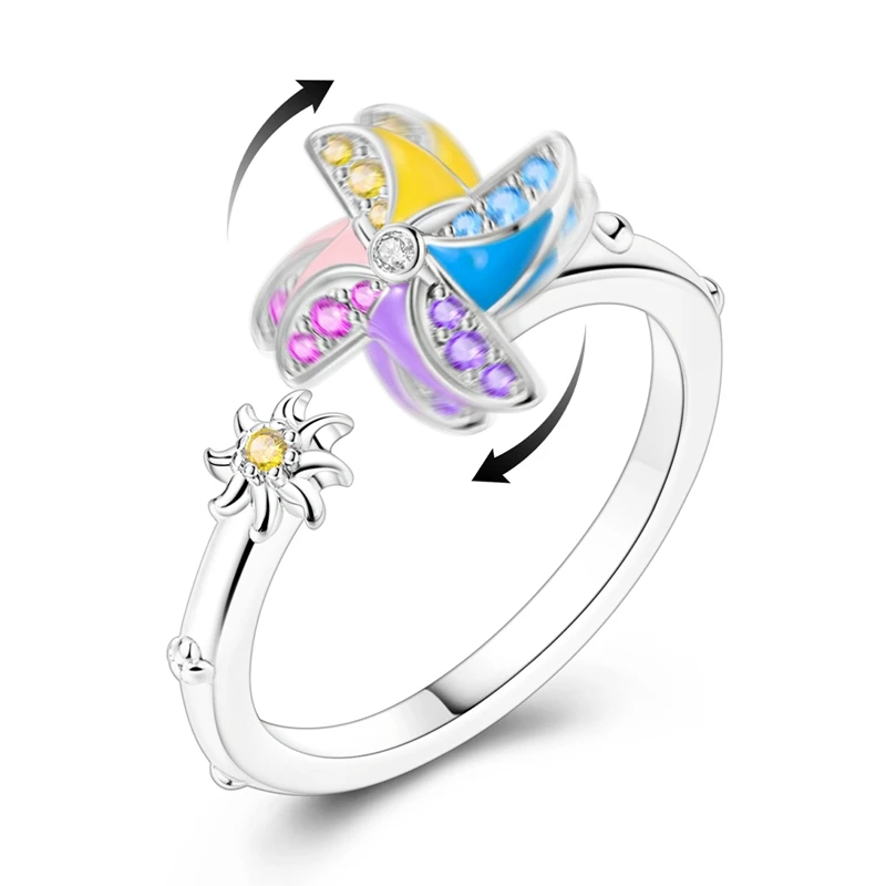 Original 925 Sterling Silver Spinning Windmill Open Rings For Women Girls Jewelry Birthday Anniversary Gifts