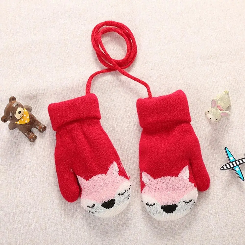 Children Hanging Neck  Cute Knitted Mittens  Gloves Thick Warm For 1-3 Years Old