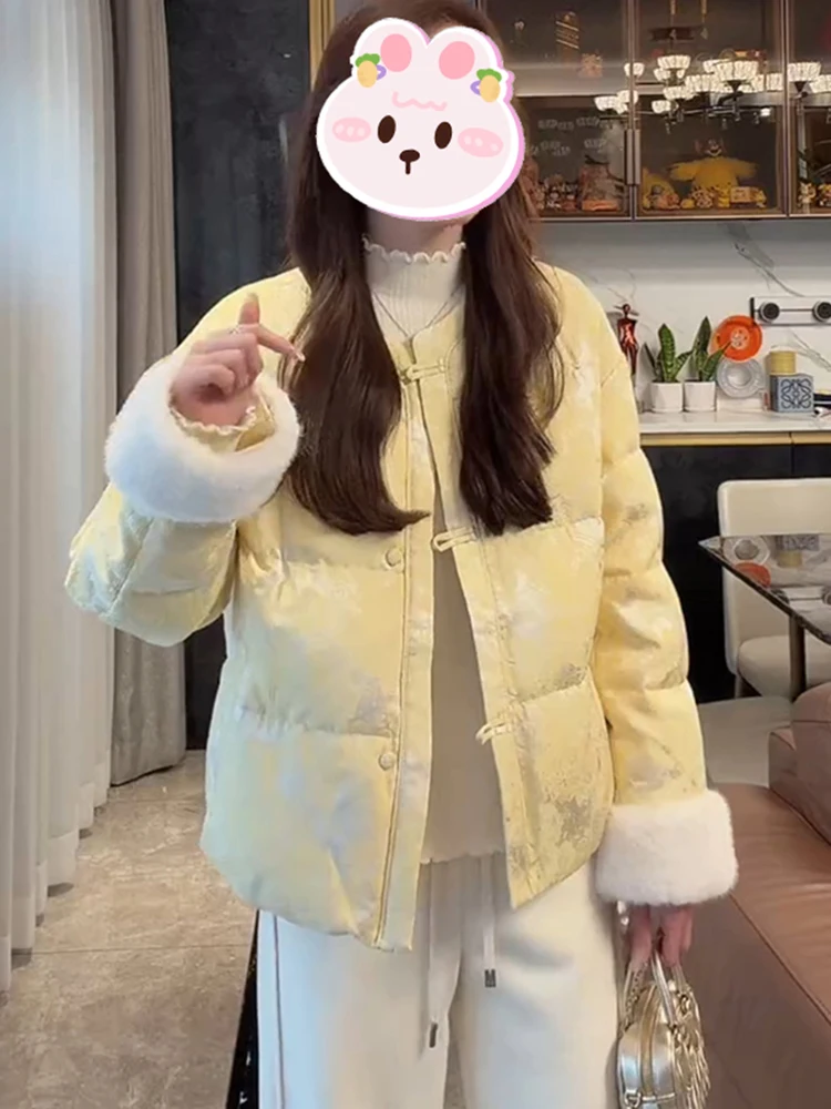 

Новая китайская утепленная хлопковая куртка для женщин: модное зимнее пальто свободного кроя с круглым вырезом и одной пуговицей, визуально стройнящее фигуру