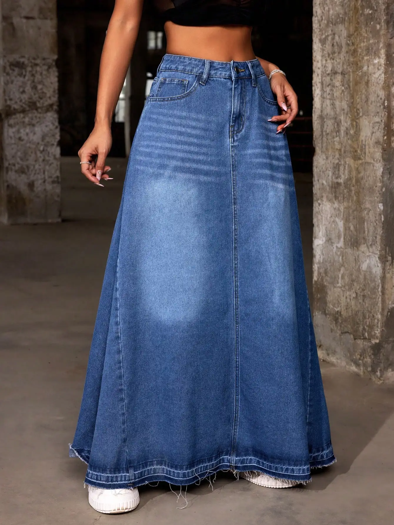 レディース ルーズフィット ロングデニムスカート ポケット付き フレイドヘム