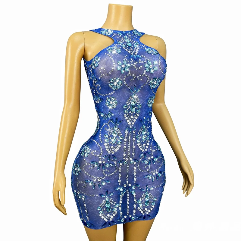 女性はイブニングドレスを祝いますブルーラインストーンパーティードレスステージキャットウォーク衣装ナイトクラブバーフェスティバル衣装XS10155