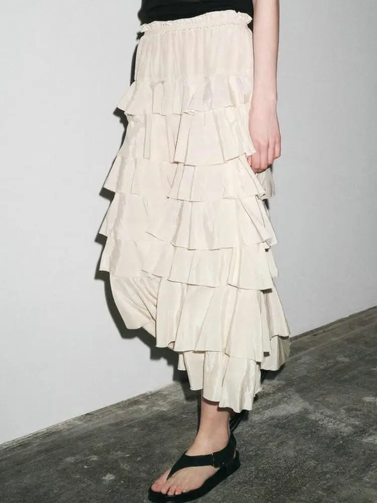 Nieuwe dame elegante a-lijn gelaagde ruches maxi lange strand midi rok chique dames vintage luxe hoge kwaliteit losse gelaagde rokken