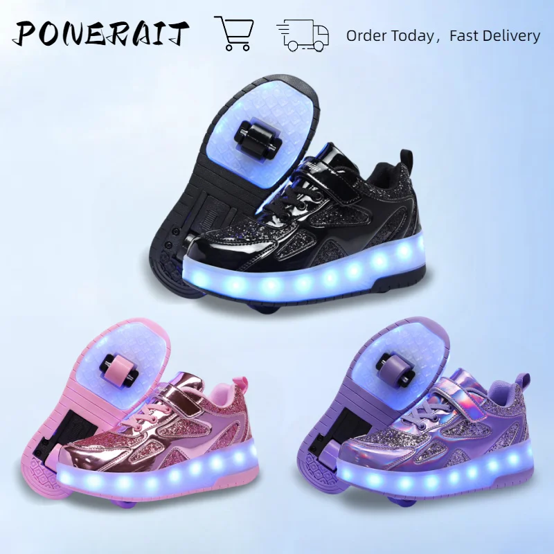 Adult Skates LED 2-Wheeled Detachable Solid Color Slip-On Shoes Decorated With Cool Sequins Wheeled Sneakers For Men And Women