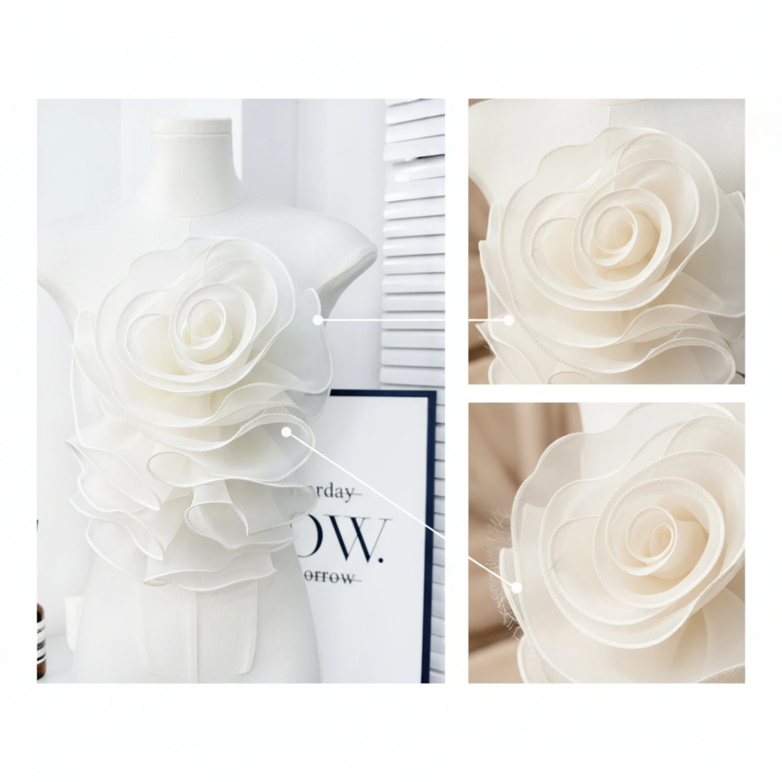 Organza Flower Applique Translucent 3D Textile Flower Organza Rose Dimensional Craft Embellishment Floral for Crafters, Sewing
