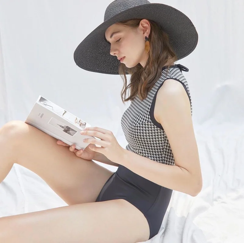 2021ชุดว่ายน้ำใหม่ One-Piece หญิงญี่ปุ่นและสไตล์เกาหลี Houndstooth เซ็กซี่ Backless High เอว Slim ชุดว่ายน้ำ Hot Spring