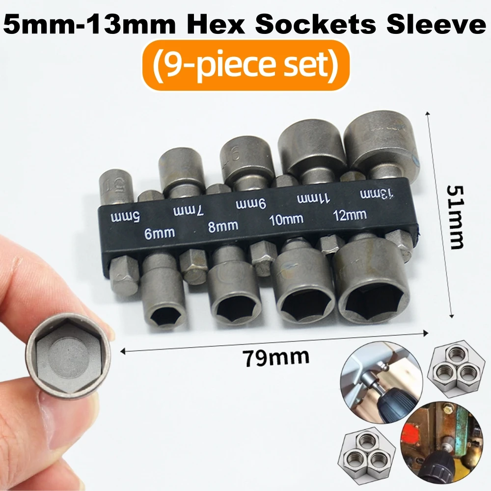 9pcs/set Hex Sockets Sleeve Nozzles Nut Driver Set 5mm-13mm Screwdriver for Power Tools Electric Drills Socket Wrench Set