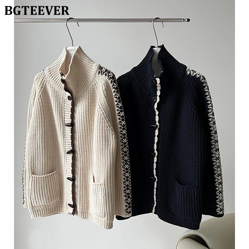 BGTEEVER Vintage Thicken Warm Laides Patchwork Knitted Cardigans Autumn Winter Long Sleeve Women Sweaters Coats