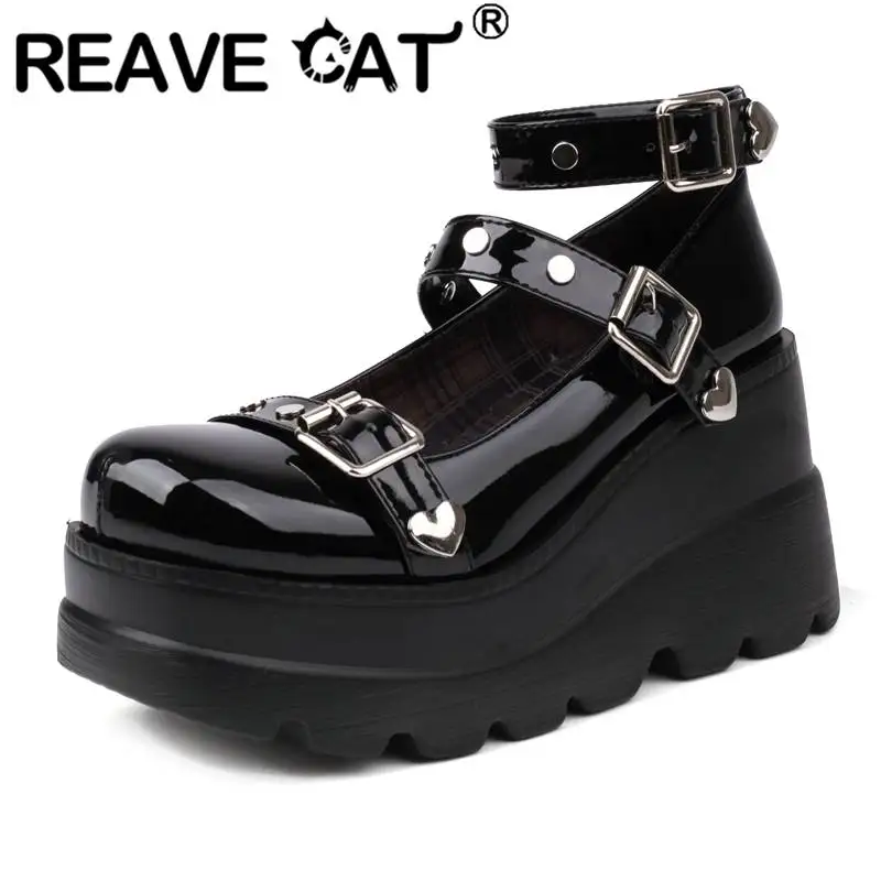 

REAVE CAT Ladies Pumps Round Toe Chunky High Heels 9cm Platform 5cm Belt Buckles Punk Style Rivets Fashion Shoes Big Size 42 43