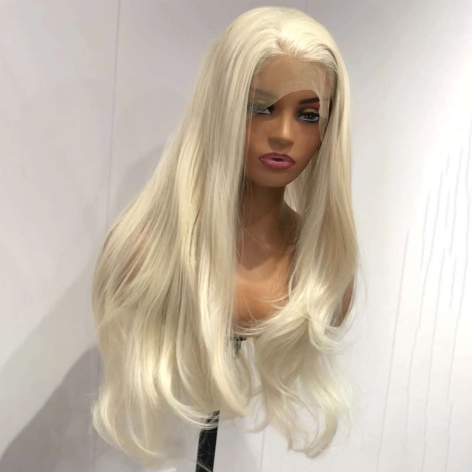 Peluca rubia platino para mujer, pelo sintético ondulado Natural con malla Frontal, largo y liso, color blanco, 13x4, fiesta