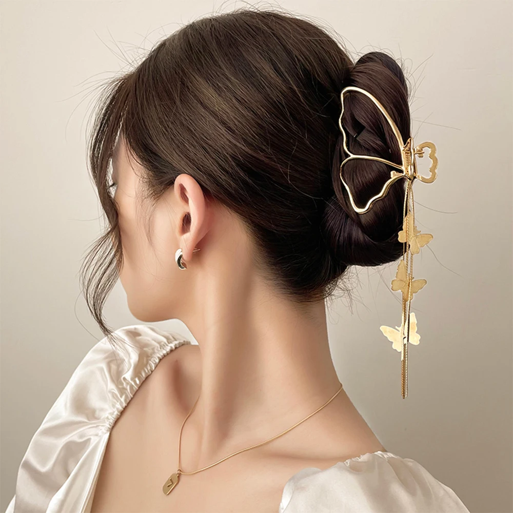 Large Hollow Out Butterfly Metal Hair Claw with Tassel Korean Geometric Gold Color Women Girl Head Wear Hair Accessories Jewelry