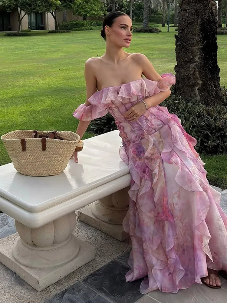 Elegante em camadas babados impresso vestido feminino chique fora do ombro cintura cinched vestidos longos 2025 verão festa à noite clube vestidos
