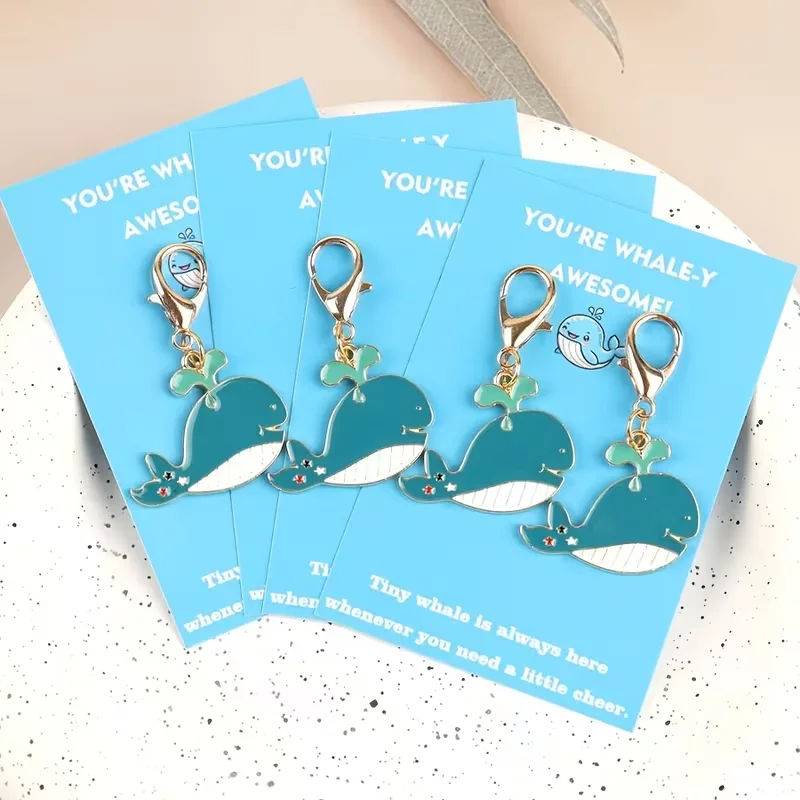 2 Pieces/4 Pieces Mini 2D Flat Ocean-Themed Keychains, with Inspirational Whale Greeting Cards Included --- Party Favors, Decorative Hangings, Whale Design, Fine Craftsmanship, Lightweight Key Rings,