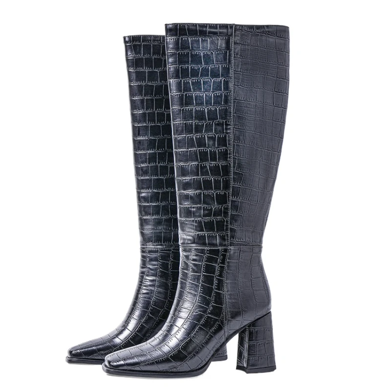 2024 Winter New Fashion Solid Color Stone Pattern Knee Boots for Women Elegant Square Toe Classic High Heel Big Size Shoes 43 45