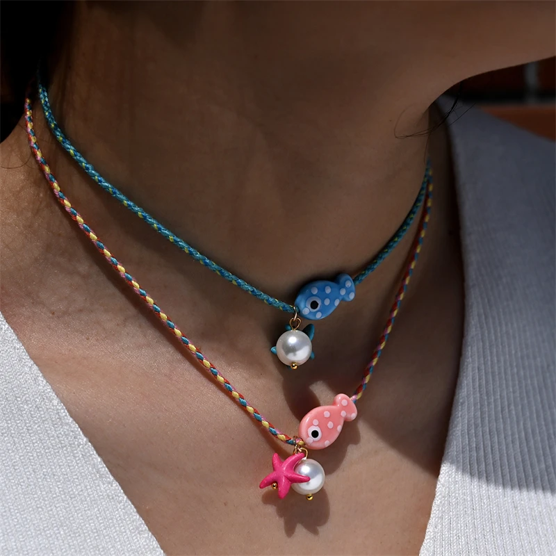 

Cartoon Ceramic Fish Starfish Imitation Pearl Braided Rope Necklace for Women Colorful Adjustable Woven Chain Party Jewelry Gift