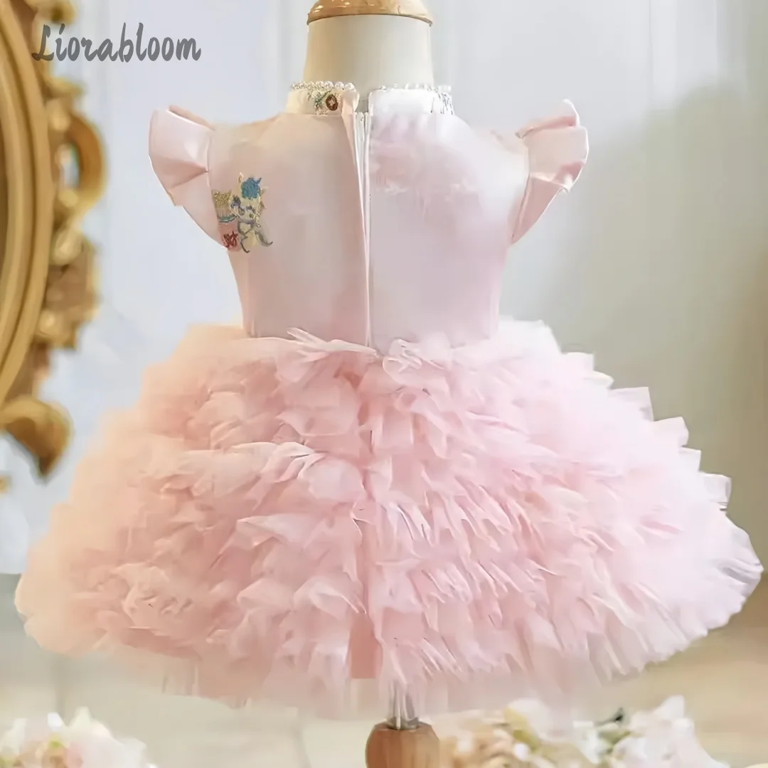 Abito da damigella in tulle con maniche a volant per bambina, ricamato, con orlo a strati, abito formale da festa per bambina, abito da principessa