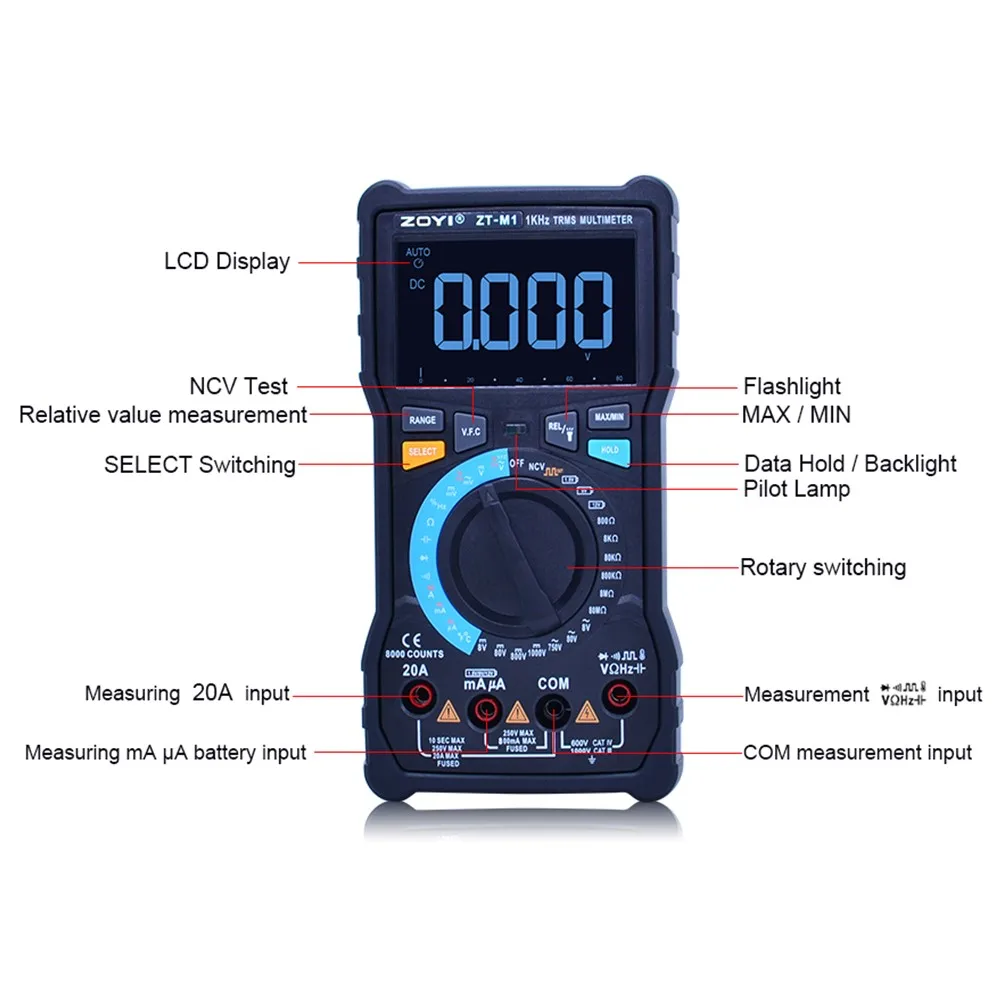 Imagem -04 - Profesional Multímetro Digital Zoyi Zt-m1 T-rms Auto Manual 8000 dc ac 20a Tensão Atual Capacitância Vfc Ohm Bateria Tester