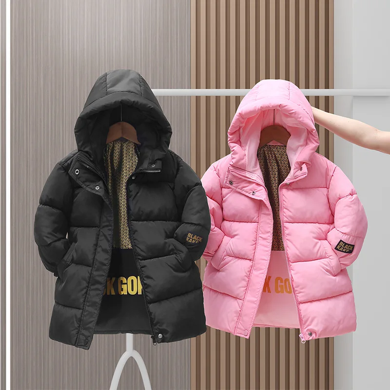 

Winter new children's medium long thick warm padded jacket Boys girls Medium children hooded padded jacket boy