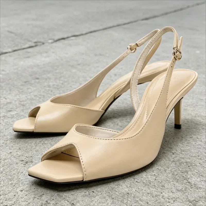 

Asymmetric Top Design Heeled Sandals Women Sexy Nude Soft Leather Peep Toe High Heels Elegant Back Strap Buckle Stiletto Heels