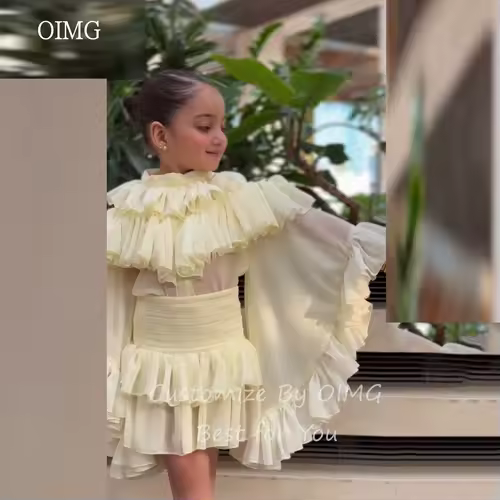 OIMG Light Yellow A Line Flower Girl Dresses High Neck Pleated Wedding Party Dress Knee Length Birthday Dress Customized - Image 6