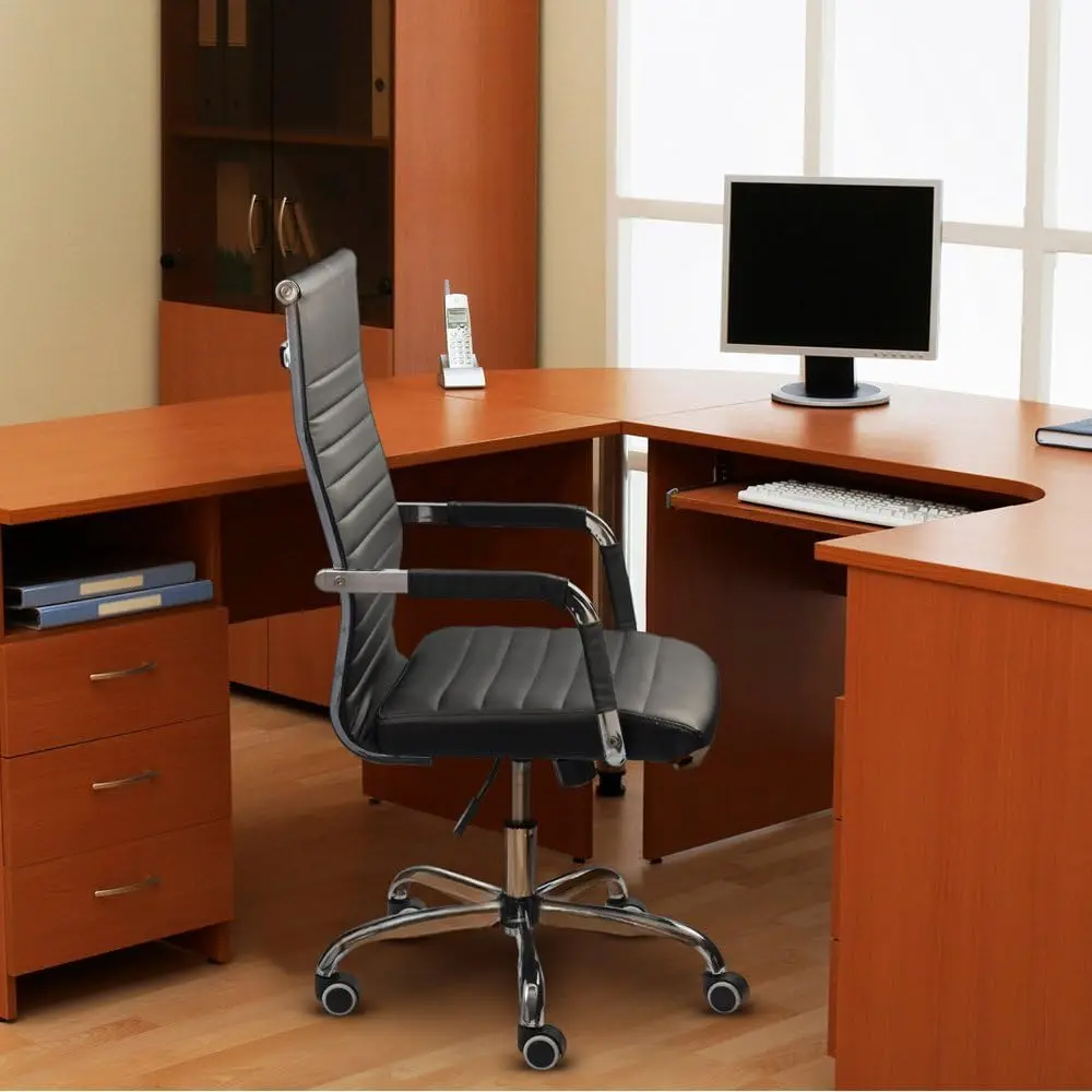 

Ribbed Office Desk Chair Mid-Back PU Leather Executive Conference Task Chair Adjustable Swivel Chair with Arms