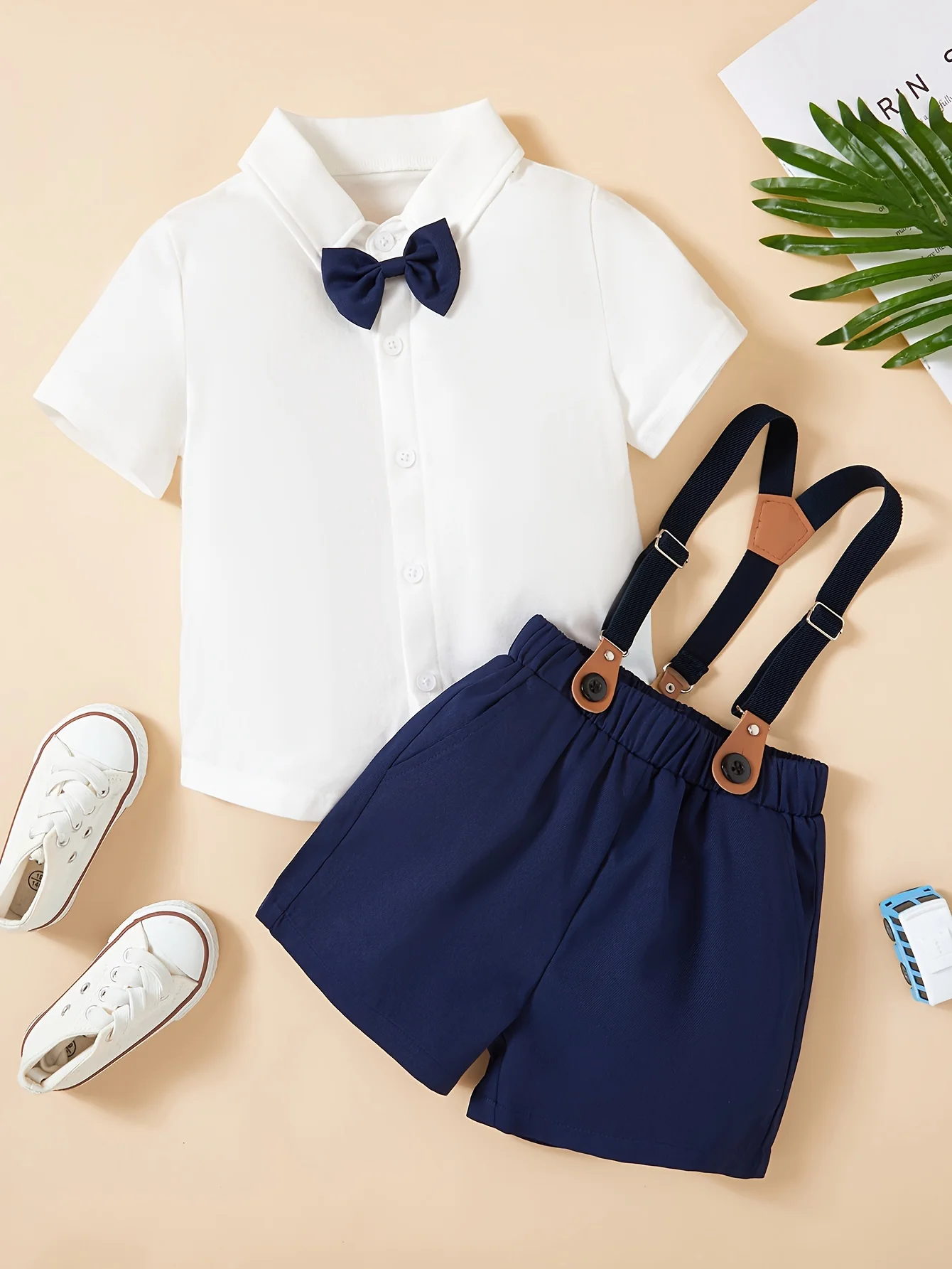 Boys Summer Bow Short sleeved Shirt+Strap Shorts Casual Gentleman Party Dress Two Piece Set