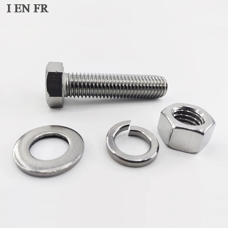 Stainless Steel 304 External Hex Full Thread Cap Screw Bolt 1-20Pcs M3-M12 DIN933 GB5783 Hexagon Head Fastener with Nut Washer