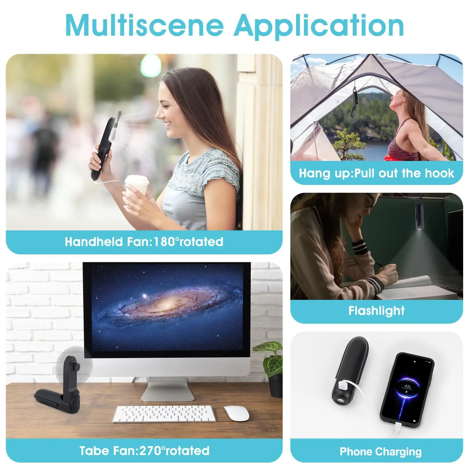 3in1 Mini Handheld Fan 3-Speed Wind Multifunctional Foldable Portable Cooling Fan with Flashlight for Summer Outdoor Travel Home