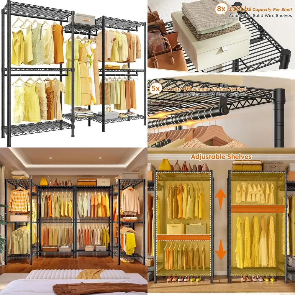 رف ملابس عالي التحمل قابل للتعديل مع أرفف لتعليق الملابس، أقصى حمولة 90 رطل، حل تخزين الملابس موفر للمساحة