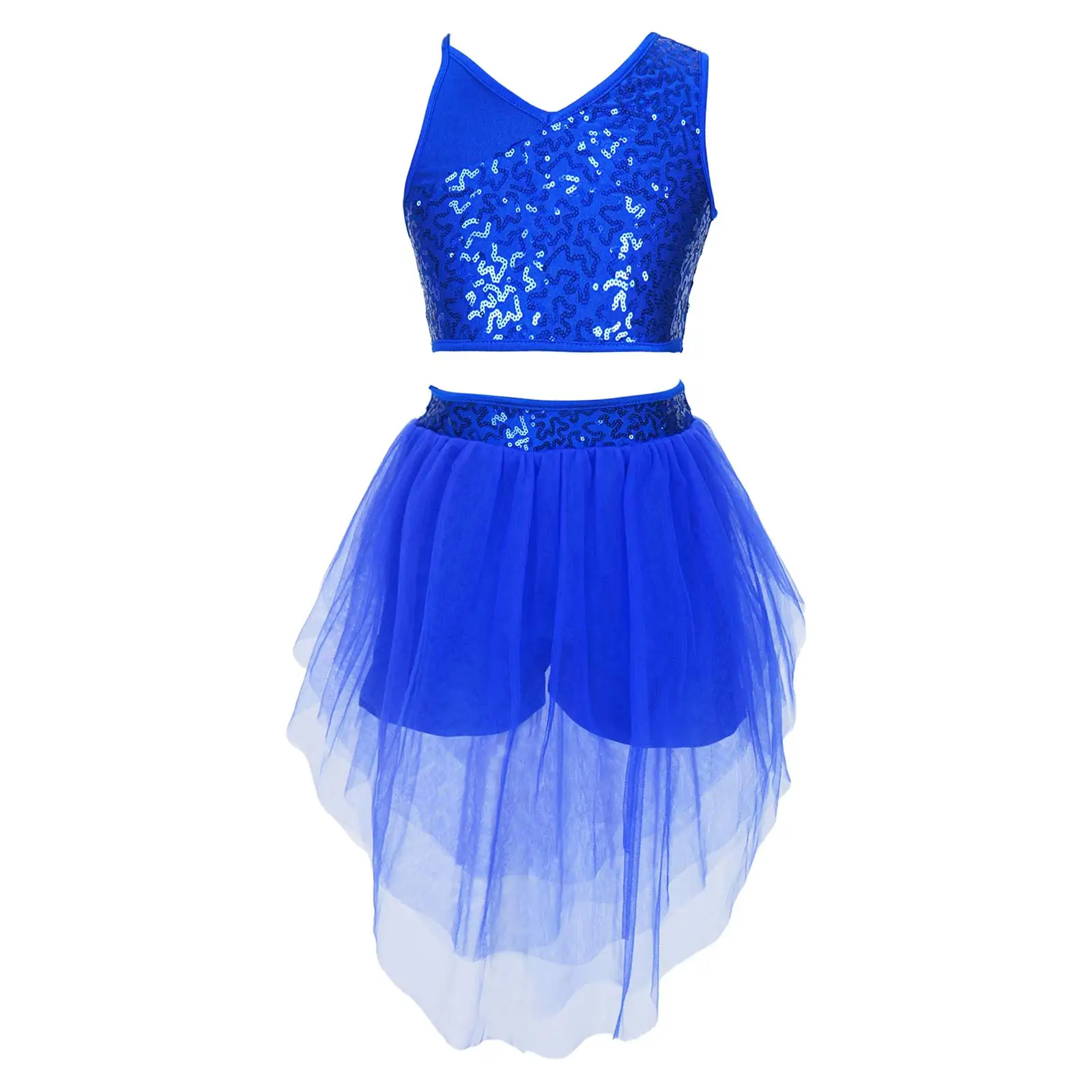 Kinder Mädchen Gymnastik Ballett Trikots Lyrical Dance Kostüm V-Ausschnitt Pailletten Crop Top mit Mesh Boxer Rock Jazz Dance Kleid