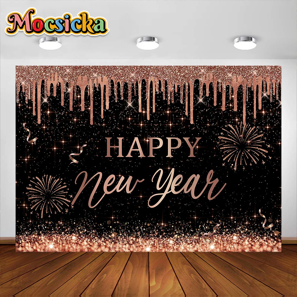 Happy New Year Glitter Gold Backdrops Bokeh Sparklers Golden Dots Balloons Champagne Adults Portrait Photography Background