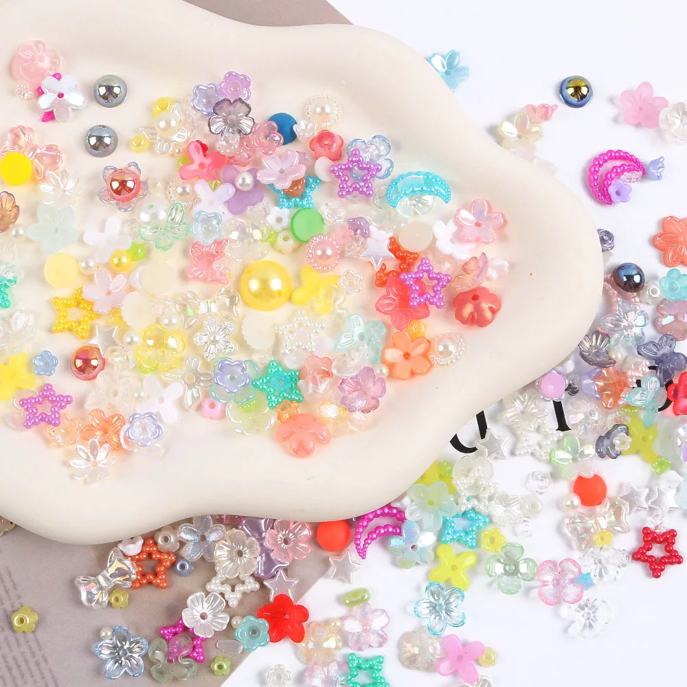 20g Mix Colorful Jelly Clear Ribbon Bowknot Nail Charms Heart Pearls Flower Flat-back Gems Parts Nail Art Manicure Decorations