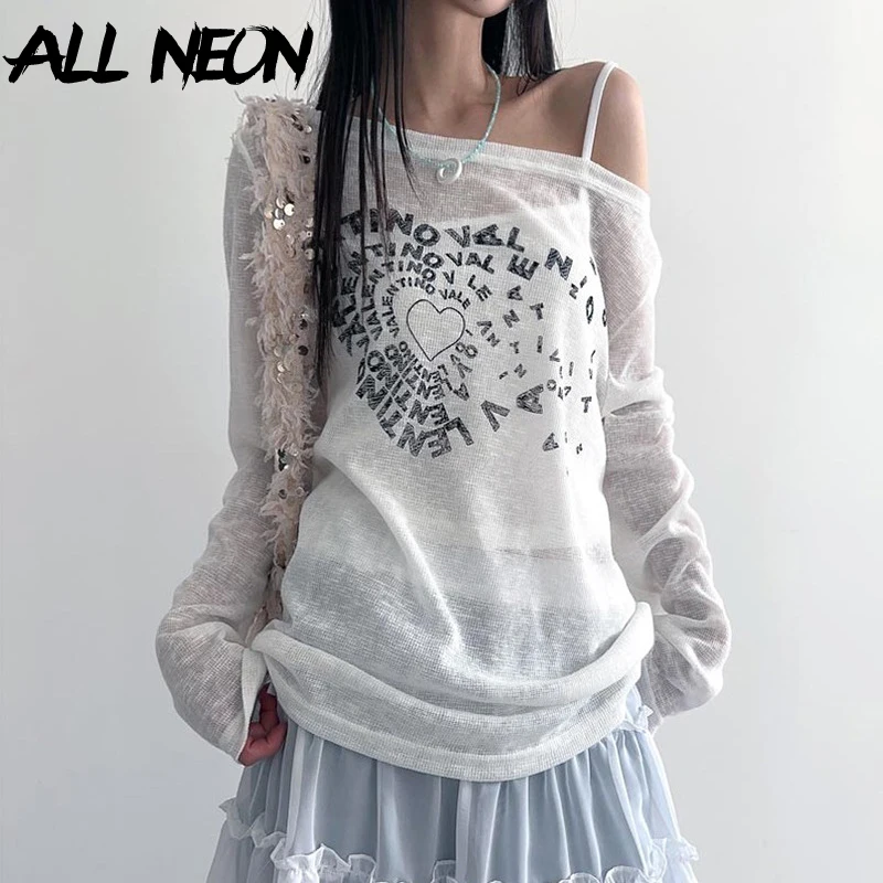 

ALLNeon 90s Streetwear Letter Print Long Sleeve Knit T-shirts Women Loose Transparent Pullovers Cyber Y2K Fashion Thin Blouses