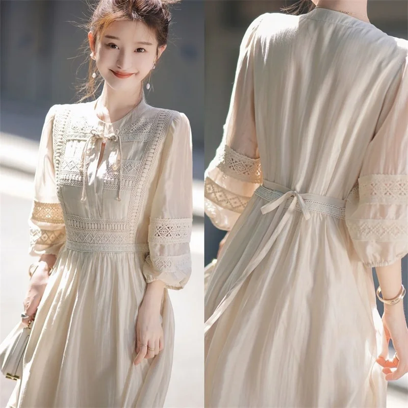 Wishing Spirit Fashion Gentle Fairy Lace A-line Skirt 2024 New Summer Tencel Dress Female Temperament Loose Medium Length Skirt