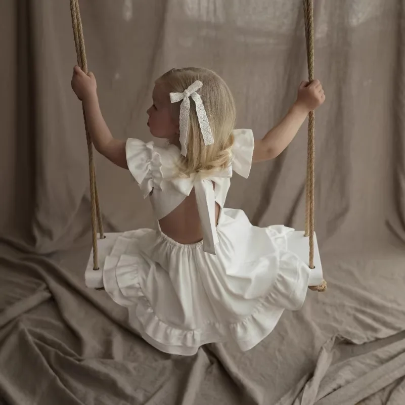 

Dress Bowknot JK Princess Backless Lace-up Dress Grils Children Spring Summer New Fashionable Solid Simple All-matching