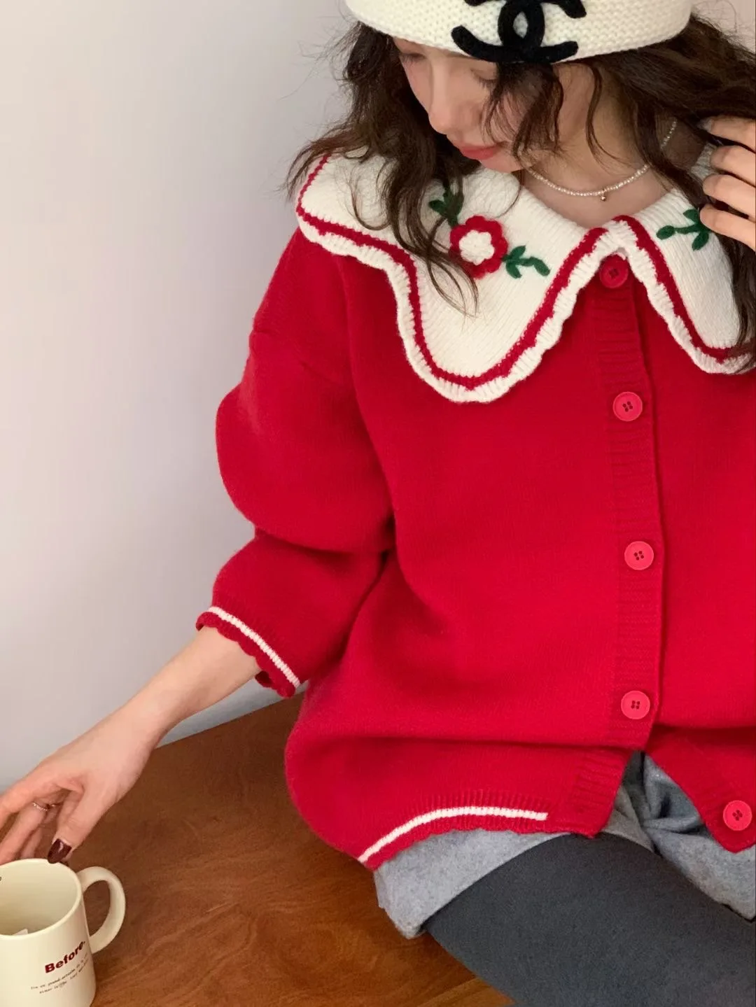 Korean style gentle doll collar three-dimensional embroidered flower color-blocked sweater jacket 2024 autumn and winter cardiga