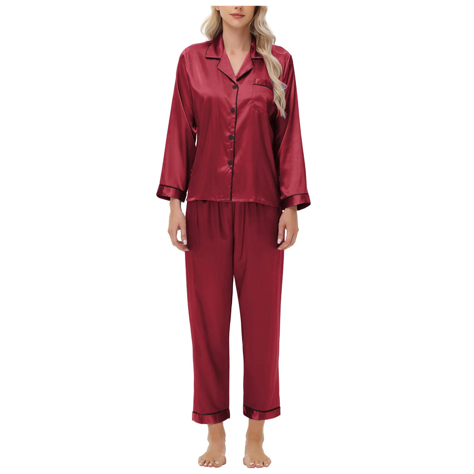 

Satin Silk Pajamas for Women Long Sleeve Casual Sleep Set Plus Size Loungewear