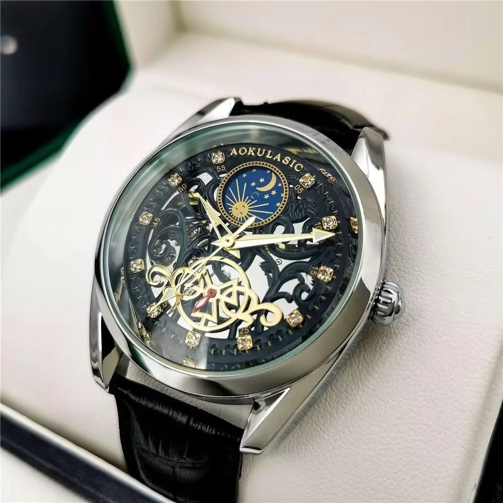 

Новые высококачественные роскошные полностью автоматические механические часы для мужчин, модные повседневные водонепроницаемые многофункциональные мужские часы со скелетом фазы Луны, стильные деловые механические часы
