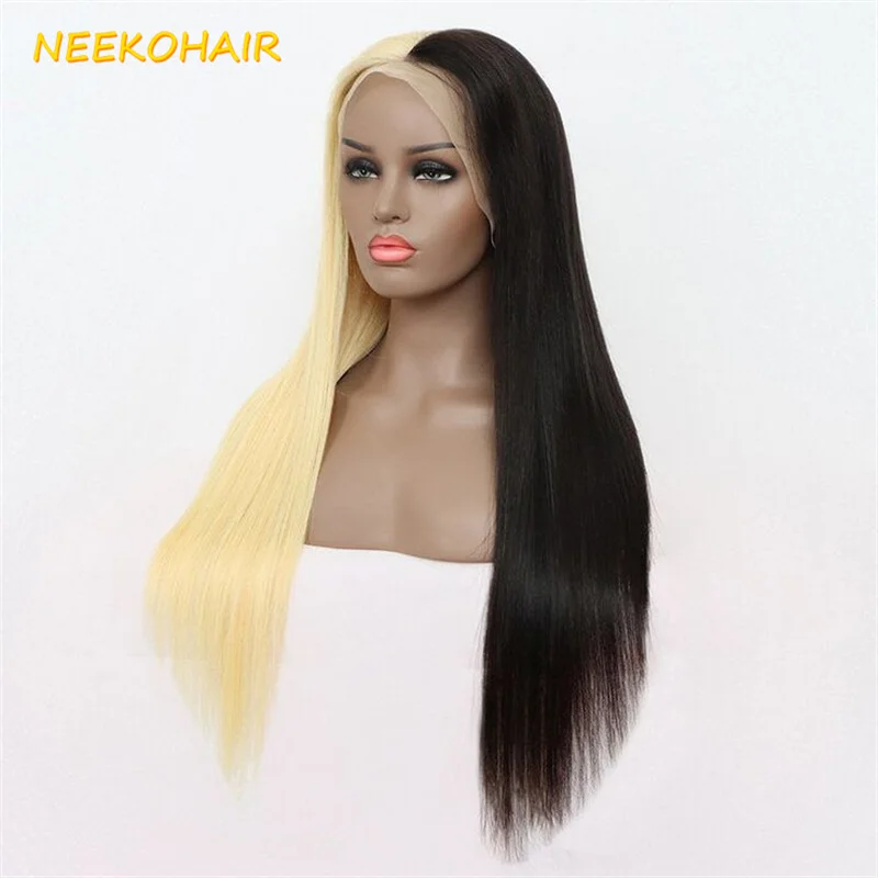 13x6 Lace Frontal Wig Half Black Half White Two Tone Cosplay Wig 28Inch Long Straight Bicolor Wigs Human Hair Wig For Women