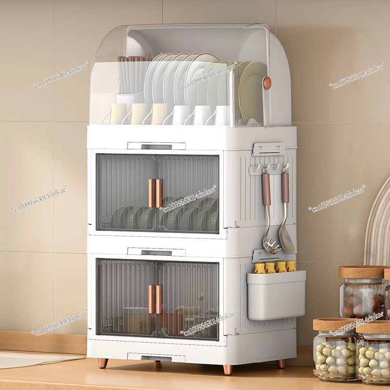 

Dish Storage Rack Household Kitchen Double-layer Cupboard with Lid Drain Storage Box Shelf Tableware Storage Box