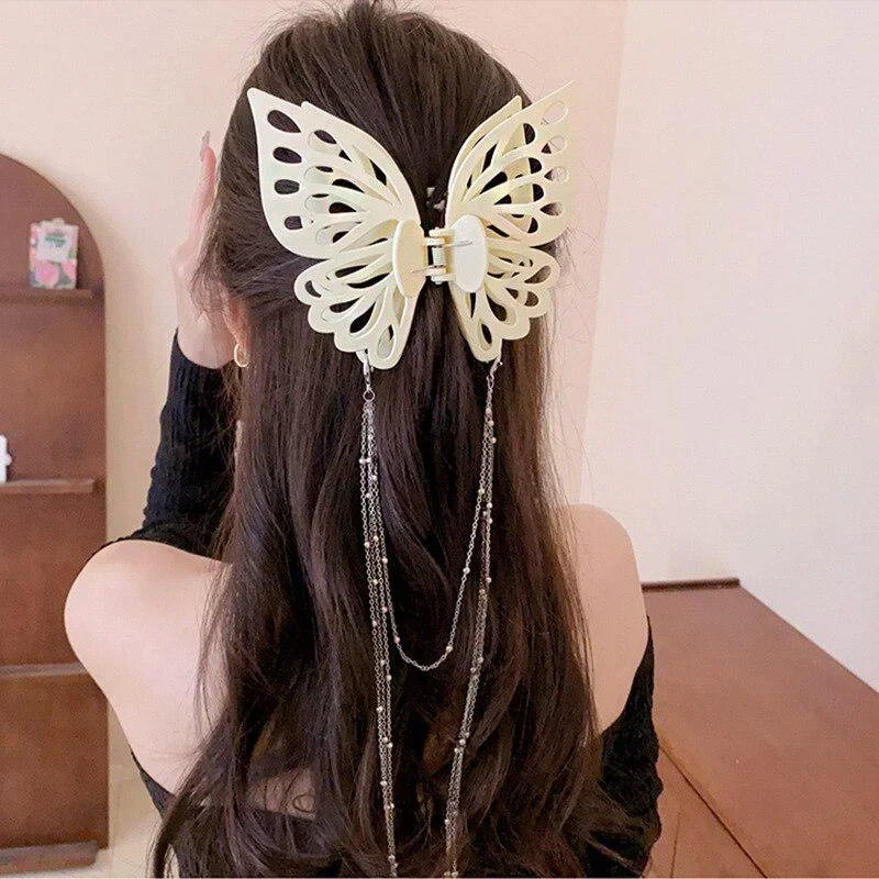 

Fashion Female Large Size Butterfly Tassel Hair Claw Simple Solid Color Ponytail Claw Clip Girls Woman Headwear Hair Accessories