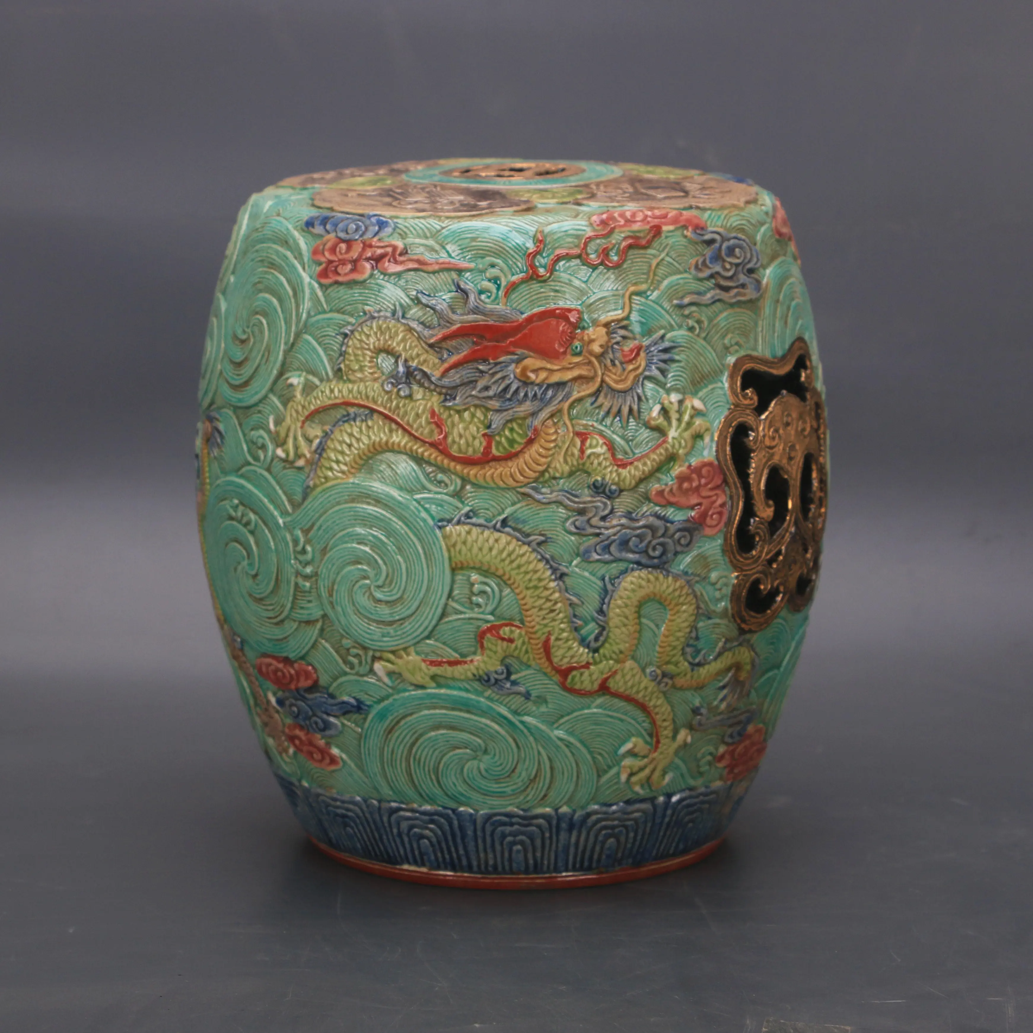 Qianlong Style Famille Rose Drum Stool with Dragon Wave Relief Gold Rim Home Decor Collectible