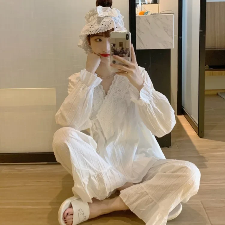 Korea Style Women's Pajama Set Lace V Neck Spring Autumn Ladies Sleepwear 2 Pcs with Pant Long Sleeve Pijama Suit for Female
