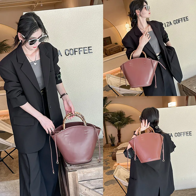 FIRMRANCH Vintage Texture Bamboo Knot Handbag Fan Design Women's Fashion One Shoulder Oblique Straddle Bag Large Capacity Tote