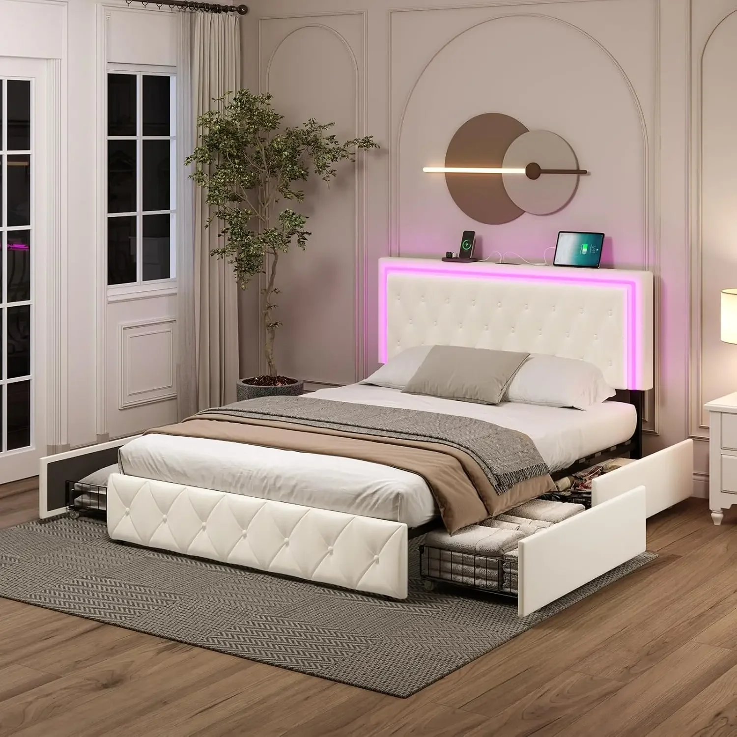 A full-size bed frame with storage space, 4 drawers, a white bed frame with adjustable LED headboard, and solid wooden strips