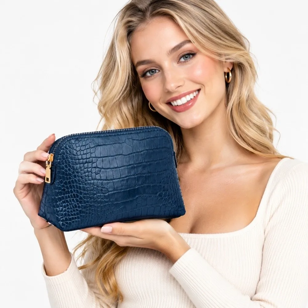 Luxury Crocodile Pattern Cosmetic Bag Zipper Closure PU Leather Make Up Bag Solid Color Travel Storage Pouch For Women