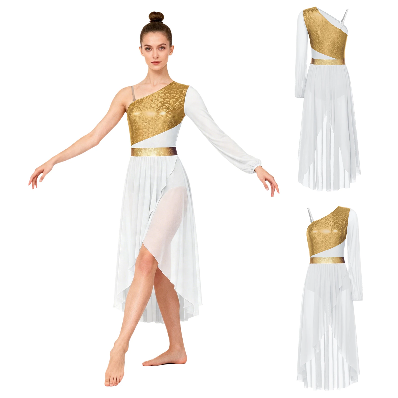 

Женское платье для лирического танца с одним открытым плечом, длинным рукавом, металлическое, для литургических танцев, для церемонии Святого Причастия